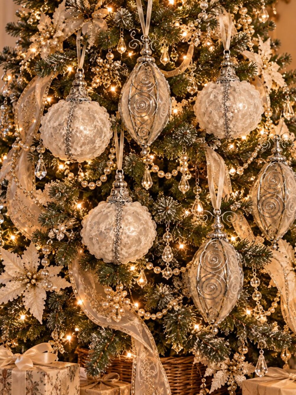 Victorian Style Christmas Ornaments Set of 11 Silver White Pearl & Sheer Fabric